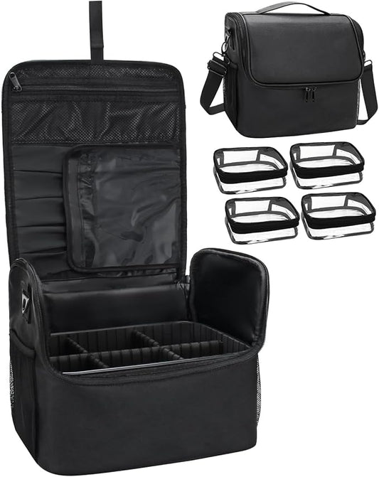 Travel Makeup Case with 4 Small Bag, Professional Makeup Artist Bag Tattoo Case PU Leather Makeup Organizer Box with Adjustable Dividers and Shoulder Strap (Medium, Black)
