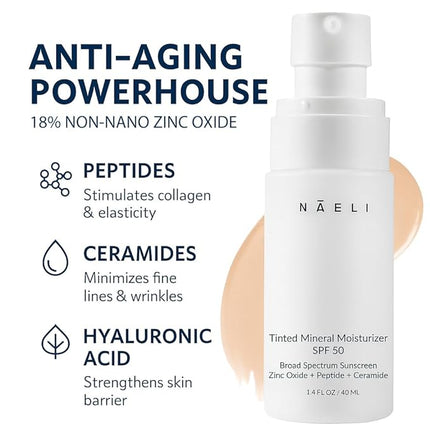NAELI Anti Aging Tinted Moisturizer SPF 50, Mineral Sunscreen for Face with Zinc Oxide, Peptides & Ceramides, Natural Hydrating Light Tint - 1.4 oz