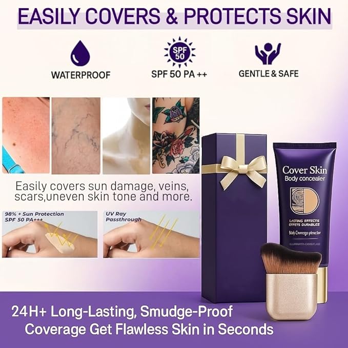Body Concealer with Brush – Waterproof Full Coverage Body Foundation for Scars, Stretch Marks & Tattoos – Streak-Free Leg & Arm Makeup for Even Skin Tone and Natural Radiant Finish