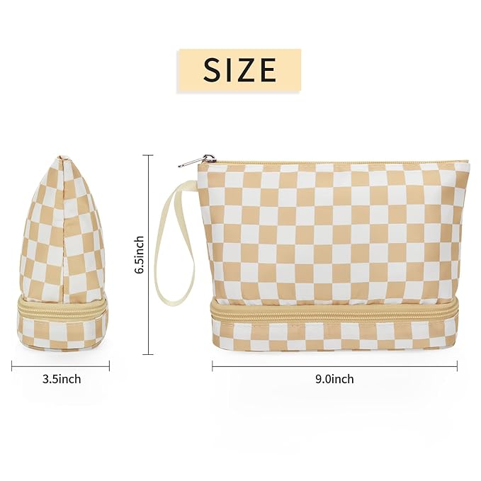 Ethereal Small Makeup Bag, khaki Checkered 2 Layers Travel Cosmetic Bag with Makeup Brush Holder, Portable Makeup Pouch for Women/Girls