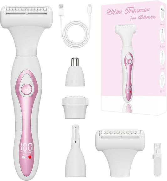 Electric Razors for Women, Painless Bikini Trimmer for Women for Silk Skin, 4-in-1 Wet/Dry Cordless Body Shaver, IPX6 Waterproof Replaceable Facial, Eyebrow, Nose Trimmer, Type-C Fast Charge, Pink