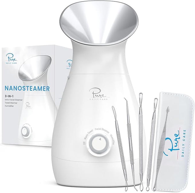 Pure Daily Care NanoSteamer Large 3-in-1 Nano Ionic Facial Steamer with Precise Temp Control - Humidifier - Unclogs Pores - Blackheads - Spa Quality - Bonus 5 Piece Stainless Steel Skin Kit (Silver)