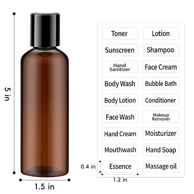 TUZAZO 10 Pack 3.4 oz Amber Plastic Travel Bottles for Toiletries TSA Approved Leakproof Travel Size Containers Empty Small Plastic Shampoo Lotion Bottles with Labels