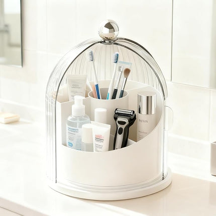 ONXE Makeup Brush Holder Organizer with Lid,360° Rotating Makeup Organizer Countertop,5 Compartments Make Up Brush Organizers for Makeup Brushes,Cosmetics,Skincare,Nail Polish,Toothbrush,Dustproof