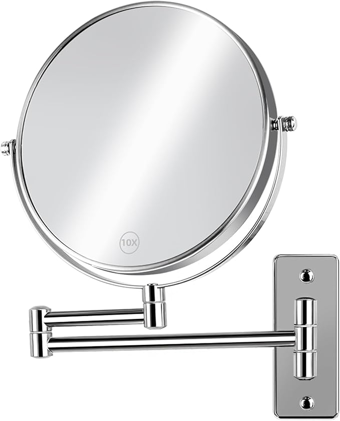 8 inch Wall Mounted Makeup Magnifying Mirror, 1X/10X Double-Sided Wall Mount Shaving Mirror with Extendable Arm, 360° Swivel for Vanity and Bathroom, Chrome Finish（No Light）