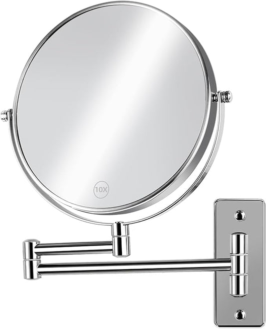 8 inch Wall Mounted Makeup Magnifying Mirror, 1X/10X Double-Sided Wall Mount Shaving Mirror with Extendable Arm, 360° Swivel for Vanity and Bathroom, Chrome Finish（No Light）