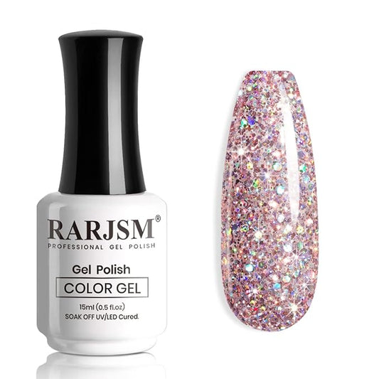 RARJSM Glitter Gel Nail Polish Light Pink Sparkly Iridescent Rainbow Shimmer Holographic Nail Gelpolish Soak off L e d U V Curing Required High Pigments for Home Salon Manicure Nail Art 15ml