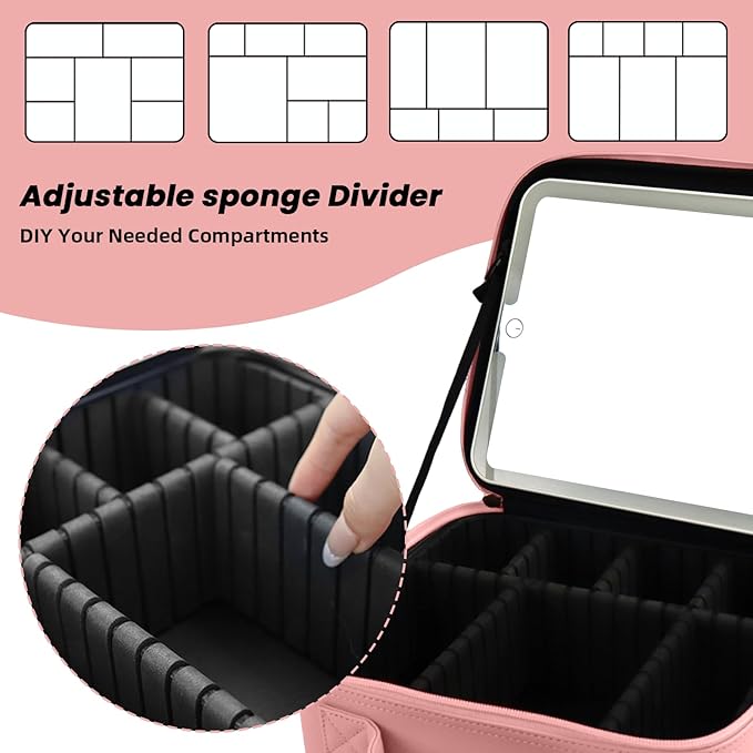 Travel Makeup Bag with LED Mirror Makeup Case with Light Up Mirror Portable Cosmetic Brush Organizer Bag with Adjustable Dividers for Cosmetics Makeup Brushes Toiletry (Pink)