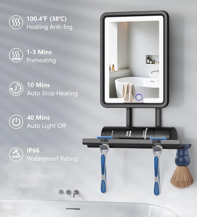Shinowa Heated Shower Mirror Fogless for Shaving, 360° Adjustable Lighted Shower Mirror with 3 Color Modes, Rechargeable Anti Fog Shower Shaving Mirror with Large Storage Tray & Razor Holder, Black