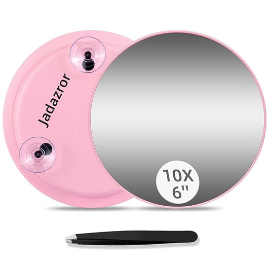 Jadazror-10X Makeup Magnifying Mirror, 6inch Hand mirrors Makeup Magnification and Tweezers Set, 10X Travel Magnified Mirror with Suction Cups for Easy Mounting-Blackhead/Blemish Removal for Women Men