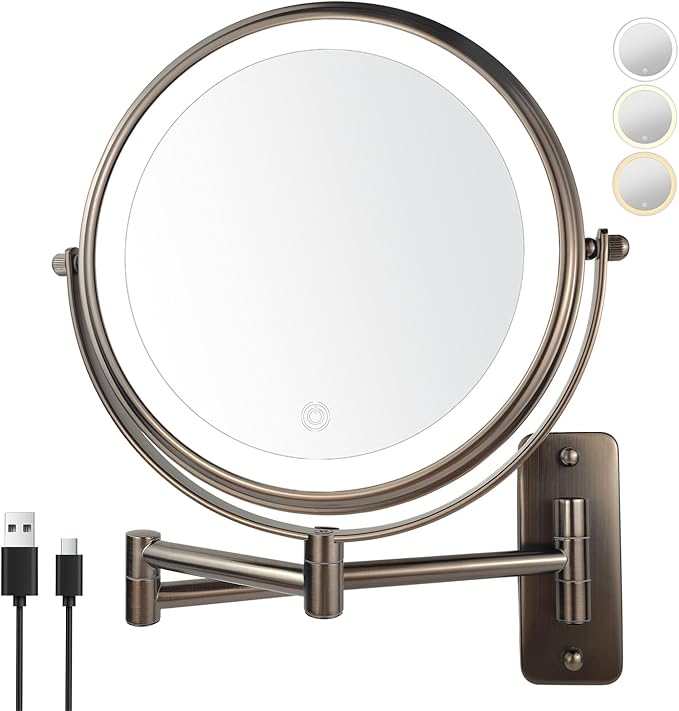 JANEEVA 8 inch Wall Mounted Lighted Makeup Mirror, Rechargeable Double Sided 1X/10X Magnifying Mirror with 3 Color Lights, Touch Dimming Vanity Mirror for Bathroom,Oil Rubbed Bronze