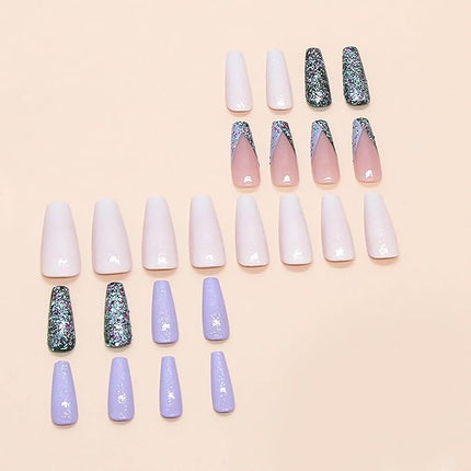 RUOKEXIN Long Coffin Press on Nails Glitter Full Cover Glue on Nails Sparkly Fake Nails Long Coffin Nail Press ons Acrylic Artificial Nails Cute Stick on Nails for Women 24Pcs