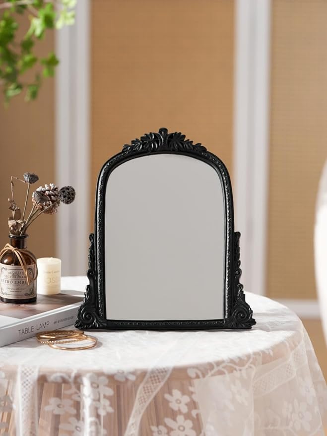 Vintage Black Vanity Makeup Mirror, Antique Arch Table Mirror with Carved Resin Frame, Small Standing Mirror for Bedroom, Living Room, Tabletop (13.2" x 12.8")