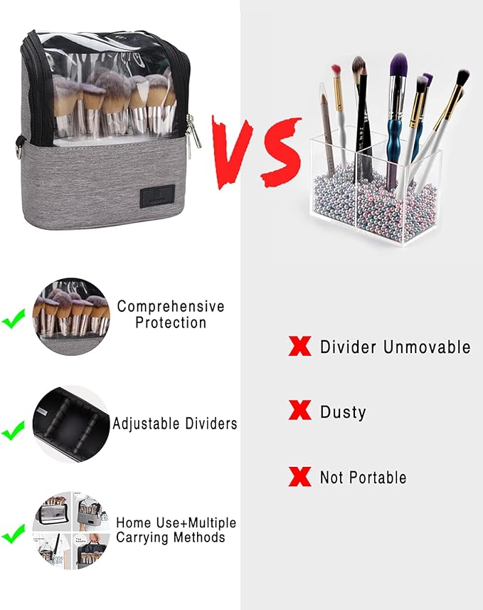 Makeup Brush Case Makeup Brush Holder Travel Makeup Bag for Women Stand-up Brush Cosmetic Bags Professional Makeup Artist Storage Organizer with Shoulder Starp and Adjustable Dividers