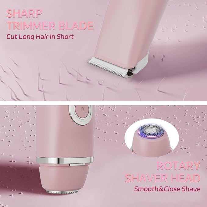 RUIM 2-in-1 Bikini Trimmer for Women, Dual Head Electric Razors, IPX6 Waterproof Women Electric Shaver, Painless Body Facial Hair Removal, Pink