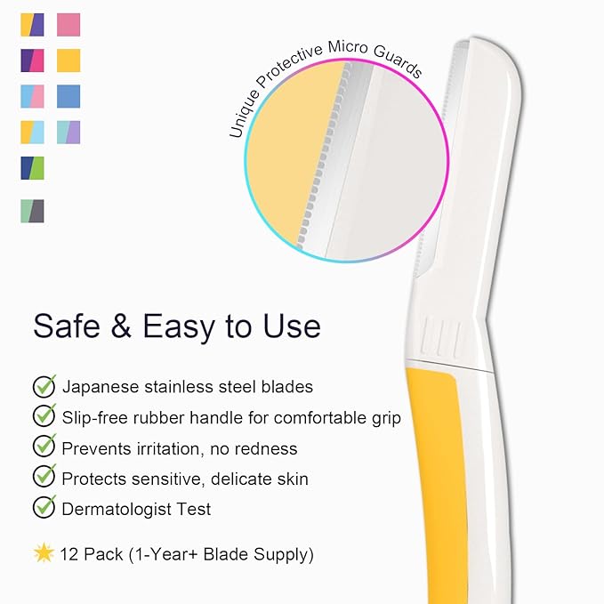 Dermaplane Razor for Women Face - Facial Razor for Women - Eyebrow & Face Razors, Exfoliating Microblades, Peach Fuzz Remover, Dermaplaning & Skin Care Tool, Travel Essentials, (12 pcs, Solar Veil)