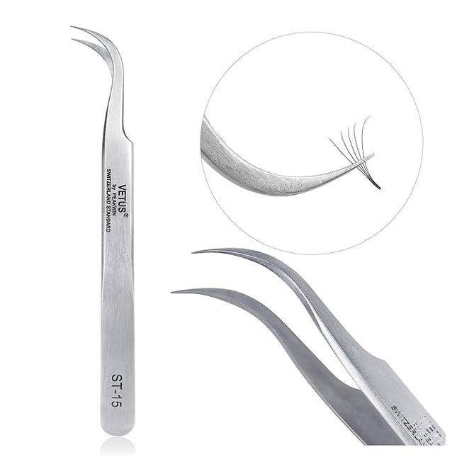 LASHVIEW Lash Tweezer, Vetus Curved Eyelash Tweezers for Profissional Grafting Eyelash Extension, Stainless Steel Needle Nose Tweezers for Lash Extension Stickers Precision Electronics, ST15