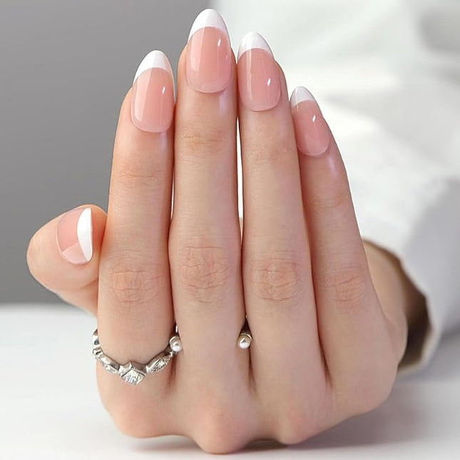 Press on Nails Short Almond Fake Nails White French Tip Glue on Nails Glossy Acrylic Nails Press ons Pink Full Cover Artificial Stick on Nails for Women 24 Pcs