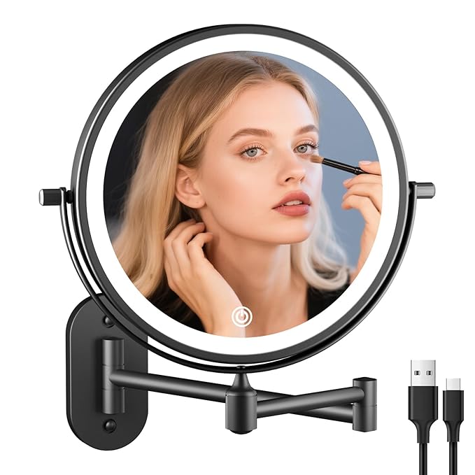 FUNTOUCH Rechargeable Wall Mounted Lighted Makeup Vanity Mirror 8 Inch Double Sided 1X 10X Magnifying Bathroom Mirror, 3 Color Lighting, Touch Dimming, Extended Arm 360 Rotation Light up Mirror Black