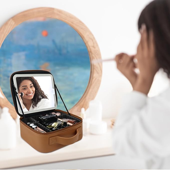 Travel Makeup Bag with LED Mirror Travel Makeup Organizer with 3 Lighted Settings, Adjustable Dividers and Makeup Brush Storage Bag Brown