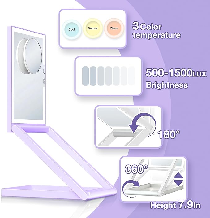 10X Magnifying Lighted Makeup Mirror, Rechargeable, ABS & Glass, Tabletop Mount, 3 Color Lighting, 1200mAh Battery