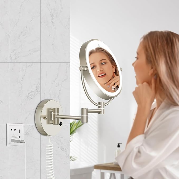 Wall Mounted Makeup Mirror with Lights, 30X/1X Double-Sided Magnifying, Plug-in Lighted Vanity Mirror with 3 Color Modes, Dimmable Brightness, 360° Swivel Extendable Arm for Bathroom & Grooming