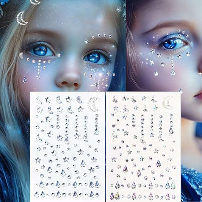 Tear Eye Corners Face Jewels Star Bindi Rhinestone Festival Face Gems Tattoo Decorations Jewels Body Glitter Crystal Sticker Temporary Face Tattoo for Festival Rave Outfit, 2-Pack