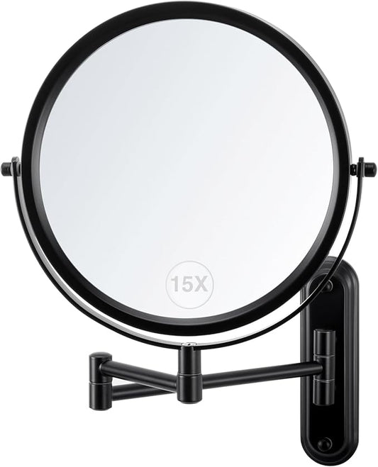 Wall Mounted Makeup Mirror - 1X/15X Magnifying Makeup Mirror with Extended Arm 360°Swivel Vanity Mirror, 8.5in Double Sided Mirror for Bathroom, No Lights