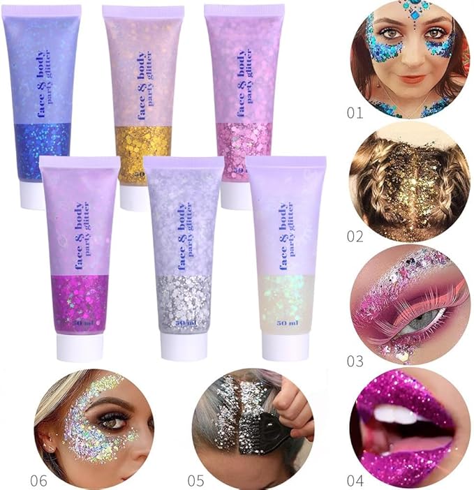 White Face Glitter,Sparkling Neon Outfit Party Holographic Sequins Paint Body Glitter Gel Makeup.(06# White Moonbeam)