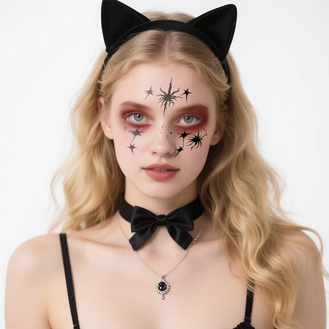 Halloween Face Tattoos, Tattoo Decals with Spider & Star Design,Temporary Makeup Tattoos Stickers, Temporary Face Tattoo Sticker Art for Halloween, Adults, Kids, Costume Parties 8Pcs