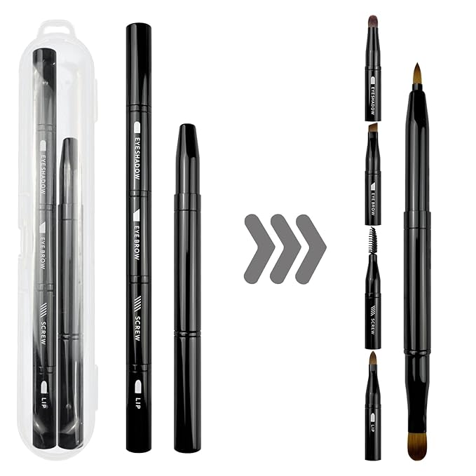 4-in-1 Makeup Brush Set - Detachable Eyeshadow, Eyebrow & Lip Brushes with Cap - Travel-Friendly