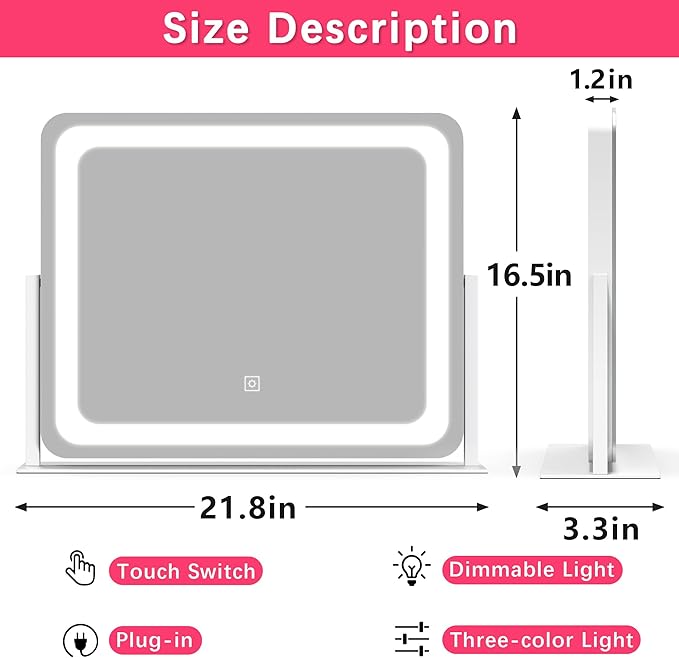 22x17 Inch Lighted Vanity Mirror with Dimmable LED Lights - 3 Color Modes, Smart Touch Control & 360° Rotating Base - Desk Makeup Mirror (White)