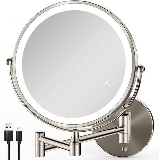 Rechargeable Wall Mounted Makeup Mirror Brushed Nickel, 8.5'' Magnifying Mirror with Lights Double-Sided 1X/10X 360° Rotation Extension Bathroom Shaving Mirror with Foldable Arm