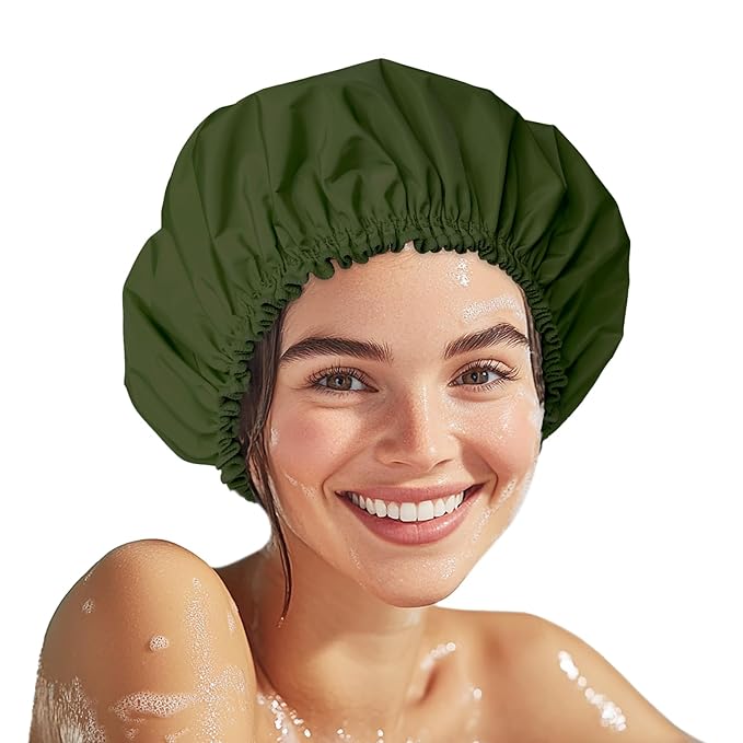 Shower Cap for Women, Double Layer Waterproof Bath Cap, Reusable Hair Protector, Large Waterproof Shower Bonnet Washable Elastic Band Bath Hair Hat for Long Hair, Braids， - Dark Green
