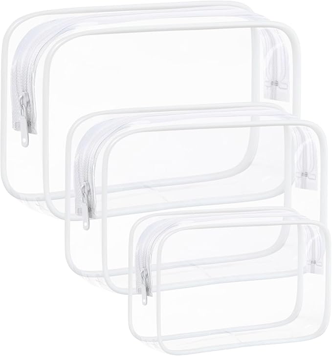 3 Pack Clear Makeup Bags, Waterproof Toiletry Bag with Zipper, Transparent Travel Cosmetic Bag, TSA Approved Clear Organizer Bags, PVC Cosmetic Pouch Case for Vacation Airport Airline Compliant
