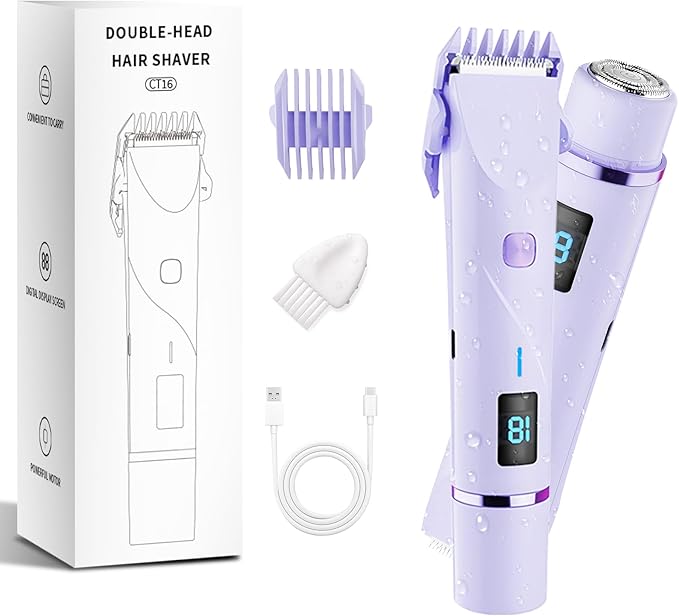 Bikini Trimmer for Women, 2 in 1 Electric Razors for Women Pubic Hair, IPX7 Waterproof Dual Head Bikini Shaver with LED Display, Rechargeable Electric Trimmer (Purple)
