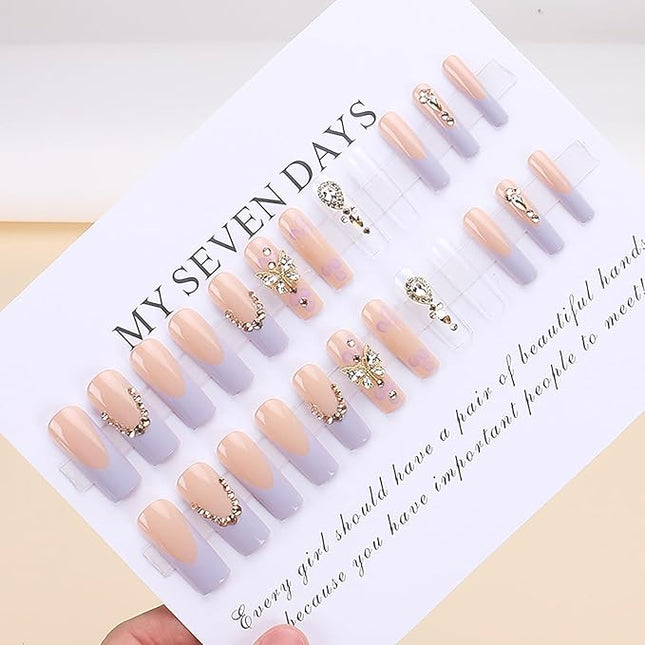 RUOKEXIN Long Press French Tip False Nails with 3D Gold Butterfly Rhinestones Designs, Glossy Glue on Nails Artificial Summer Stick on Nails for Women, 24Pcs