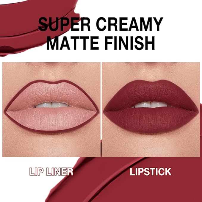 Kaely Dark Red Gradient Matte Lipstick Lip Liner Pencil for Women, 2in1 Flawless Contour Gradual Ombre Effect Lip Pencil Makeup Waterproof, labiales mate 24 horas originales, 03
