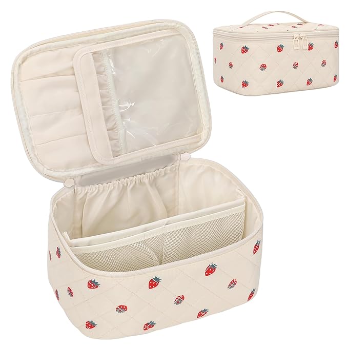 OCHEAL Makeup Bag,Travel Makeup Organizer Bag, Large Capacity Cosmetic Bags For Women Large Travel Toiletry Bag Girls Traveling With Brush Slot And Divider-Strawberry