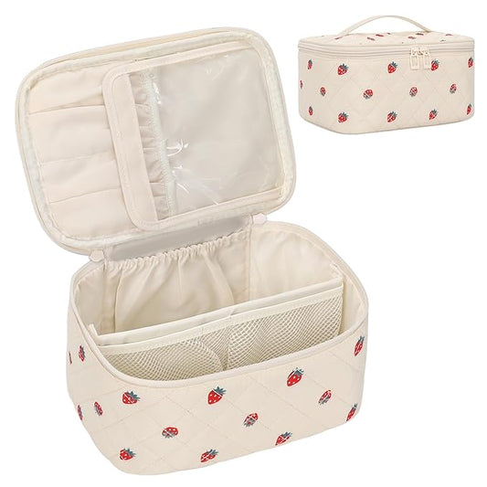 OCHEAL Makeup Bag,Travel Makeup Organizer Bag, Large Capacity Cosmetic Bags For Women Large Travel Toiletry Bag Girls Traveling With Brush Slot And Divider-Strawberry