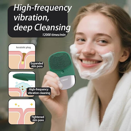 Facial Cleansing Brush, 3-in-1 Electric Silicone Face Scrubber, Vibrating Massager, IPX7 Waterproof, USB Rechargeble Pore Brush for Deep Cleanning, Blackhead Remover, Exfoliating (Green)