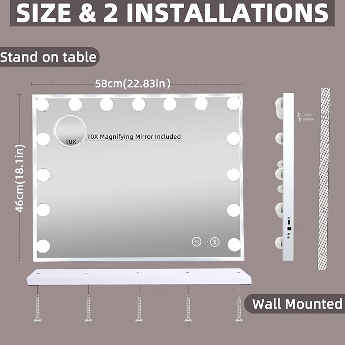 Hansong Vanity Mirror with Lights and Speaker22.8''x18.4'' Hollywood Makeup Mirror with 15 LED Bulbs Lighted Vanity Nakeup Mirror 3 Lighting Modes 10X Magnification White