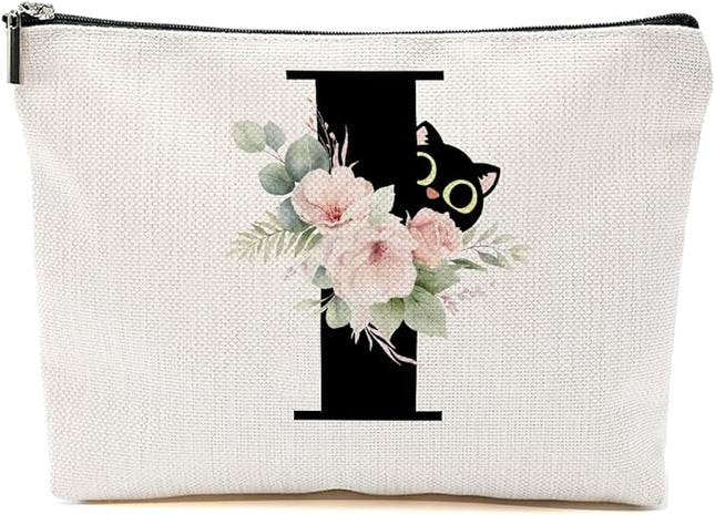 Floral Cat Initial Makeup Bag, Personalized Skin Care Bag, Travel Organizer Toiletry Bags for Women Mom Friends, Cosmetic Bags Makeup Pouch with Zipper, Letter I