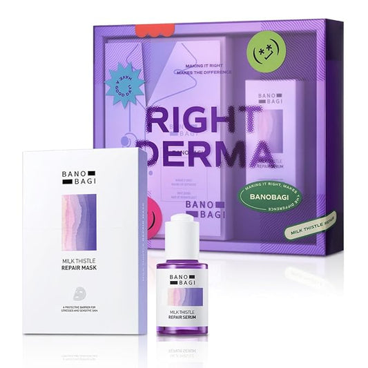 Bano Milk Thistle Repair Skin Care Set - Korean Skin Care with Centella, Soothing & Barrier Repair Kit for Sensitive Skin, Face Mask 10EA & Serum 0.5 fl. oz., Face Moisturizer, Fragrance-Free