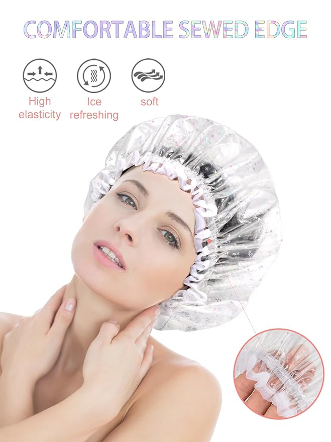 Auban Luxury Shower Cap Reusable Waterproof for Women Sequin Lined Hair Cap for Shower Plastic Cap for Long Hair Large Double Layer Bath Cap Travel Essential & Cleaning Supplies