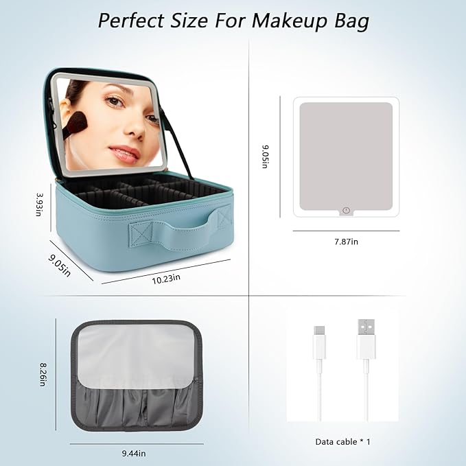 Travel Makeup Bag with LED Mirror Travel Makeup Organizer with 3 Lighted Settings, Adjustable Dividers and Makeup Brush Storage Bag Light Blue