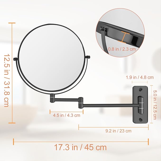 8" Wall Mounted Magnifying Makeup Mirror, 1X/10X Double-Sided Shaving Mirror with 360° Swivel & Extendable Arm for Bathroom Vanity, Black - No Light