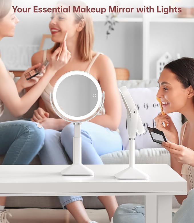 Benbilry 20X Magnifying Mirror with Light, Rechargeable 4000mAh Lighted Makeup Mirror with Magnification, Adjustable Height, 3 Color Modes, 2-Sides Vanity Mirrors for Desk Bathroom Bedroom