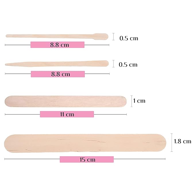 Mibly 4 Style 300 Pcs Assorted Wooden Wax Sticks for Body Legs Face and Small Medium Large Sizes Eyebrow Waxing Applicator Spatulas for Hair Removal or Wood Craft Sticks