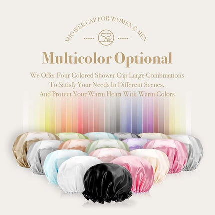 WhaleLife Shower Cap - Black Double-Layer Waterproof Reusable Satin-Lined for Women Men | Fits Thick Hair | Home Spa Travel 4 Pack